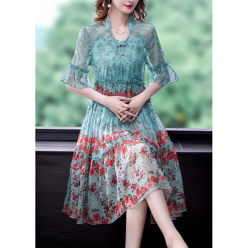 Fashion Light Green V Neck Print Chiffon Maxi Dress Summer