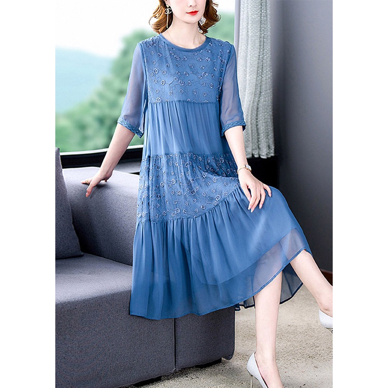 French Blue O-Neck Embroideried Patchwork Silk Long Dresses Summer