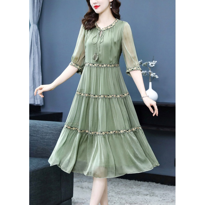 Green Neck Tie Silk Long Dresses Half Sleeve