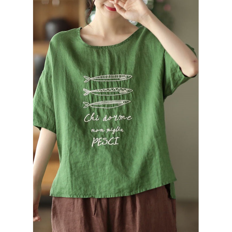 Green Patchwork Linen Blouse Top Embroideried Summer