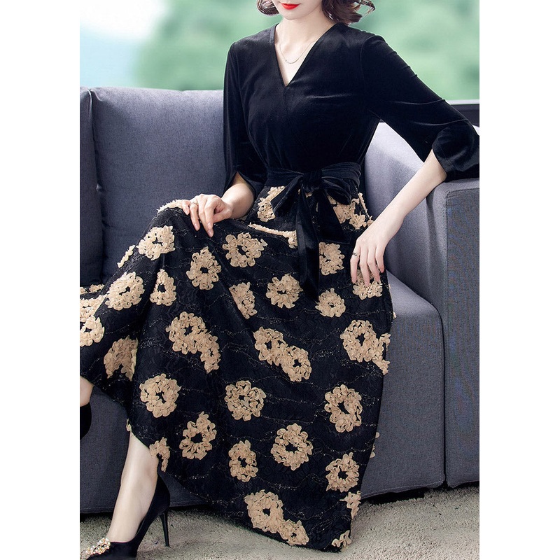 Natural Black V Neck Print Patchwork Tie Waist Silk Velour Maxi Dresses Spring