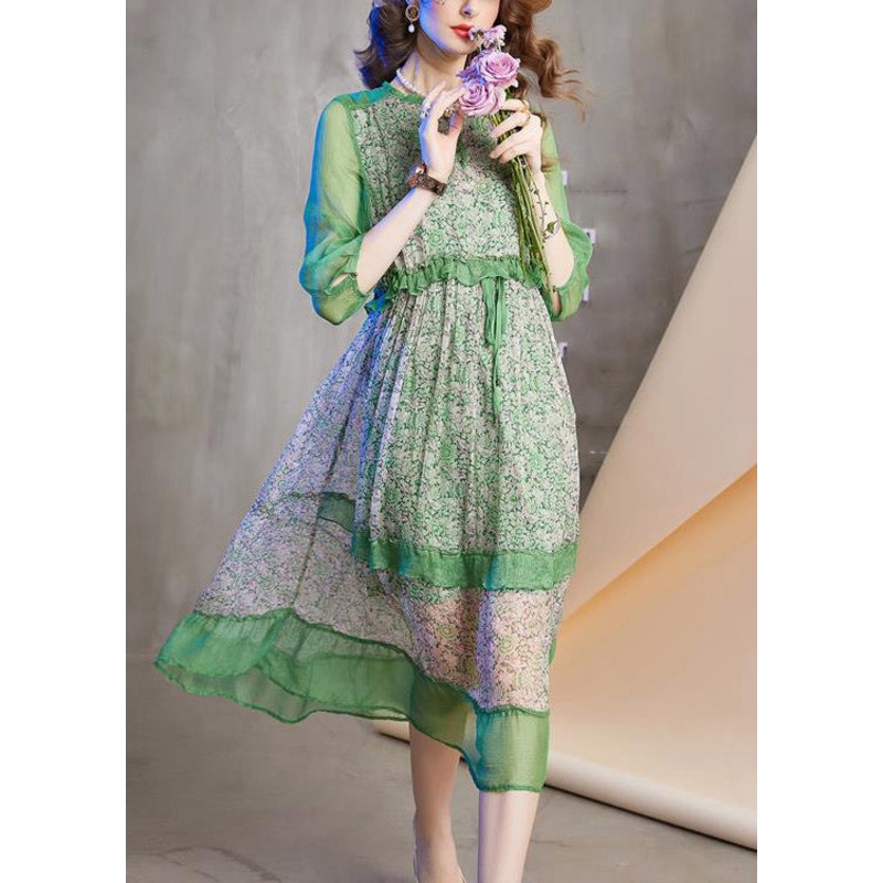 Novelty Green O-Neck Print Patchwork Ruffled Tie Waist Holiday Maxi Dress Summer