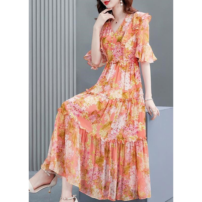 Orange V Neck Print Ruffled Wrinkled Silk Party Long Dress Flare  Sleeve