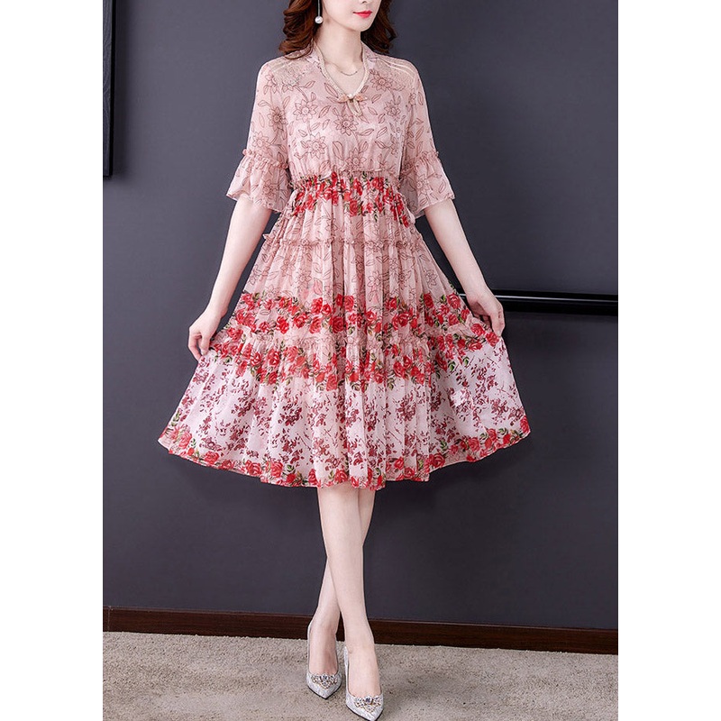 Pink Ruffled Chiffon Long Dress Short Sleeve