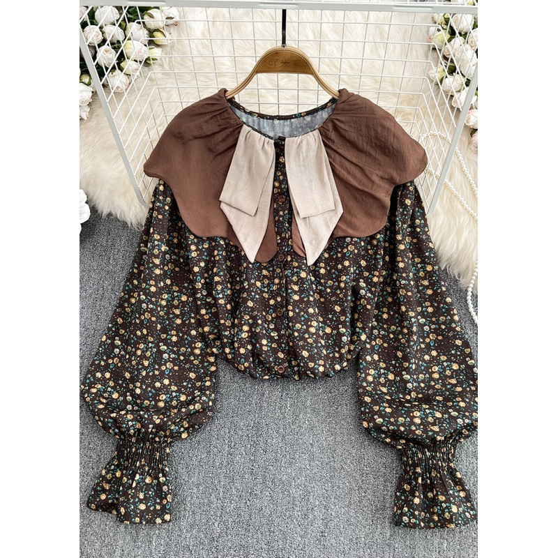 Plus Size Coffee O-Neck Print Low High Design Shirt Long Sleeve