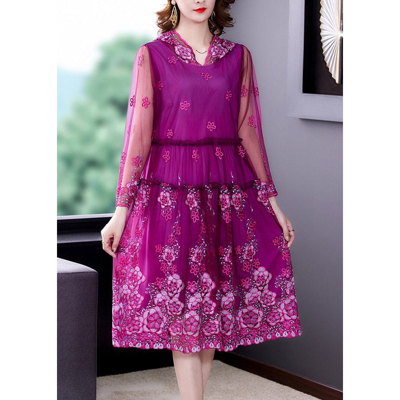 Purple Stand Collar Patchwork Tulle Hooded Maxi Dress Long Sleeve
