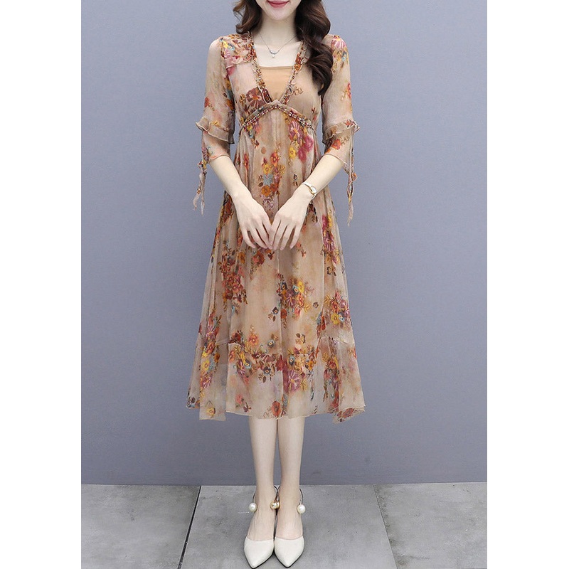 Sexy V Neck Print Patchwork Rivet Chiffon Long Dresses Half Sleeve