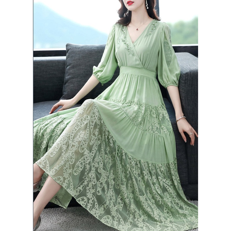 Simple Green V Neck Embroideried Floral Elastic Waist Silk Long Dress Short Sleeve