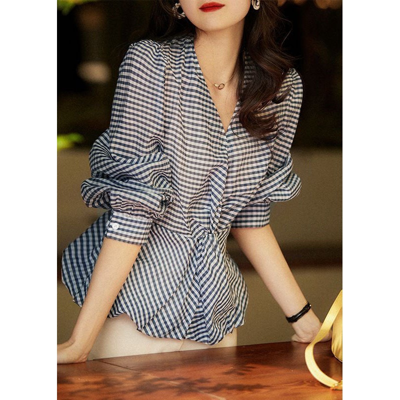 Stylish Blue Plaid V Neck Wrinkled Patchwork Chiffon Tops Long Sleeve