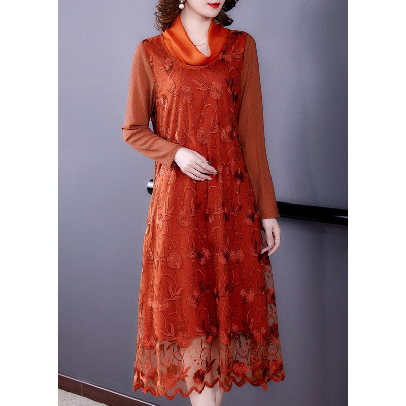 Stylish Orange Embroideried Floral Tulle Long Dress Long Sleeve