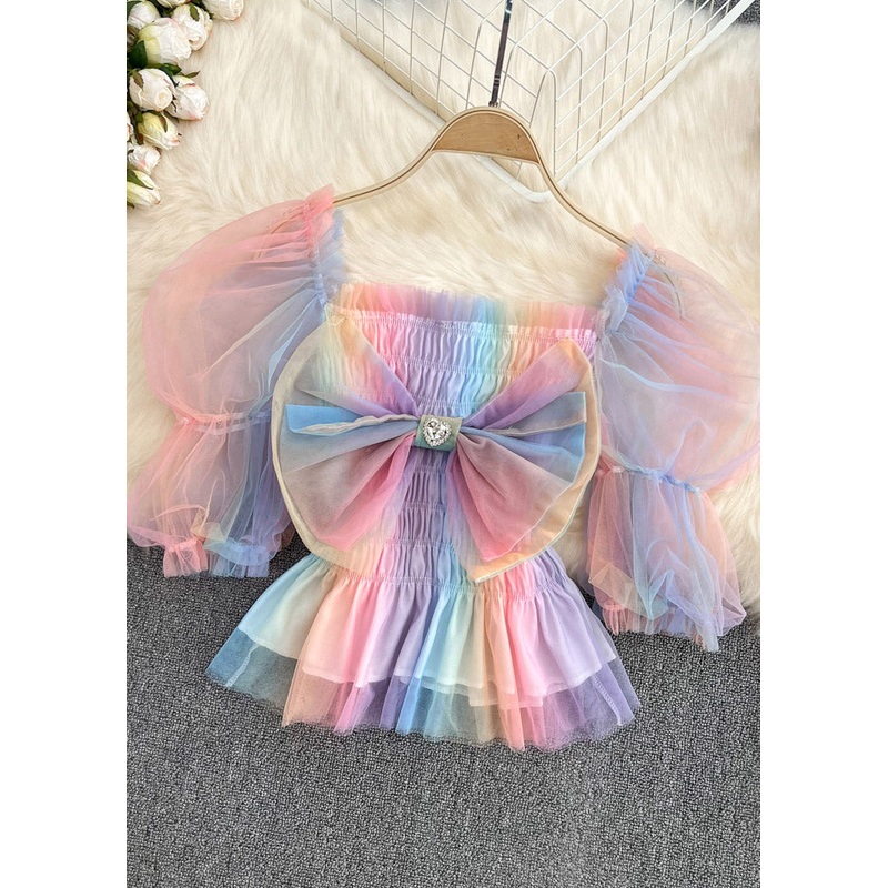 Stylish Square Collar Bow Tulle Chiffon Tops Puff Sleeve
