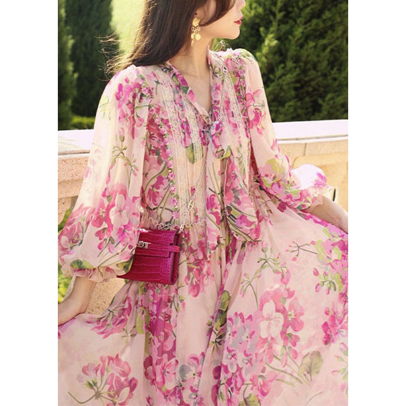 Unique Pink Bow Lace Patchwork Print Silk Dress Summer