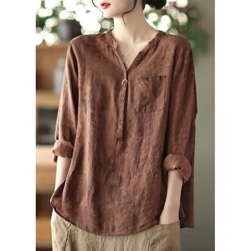 Vintage Coffee V Neck Button Patchwork Linen Shirts Spring