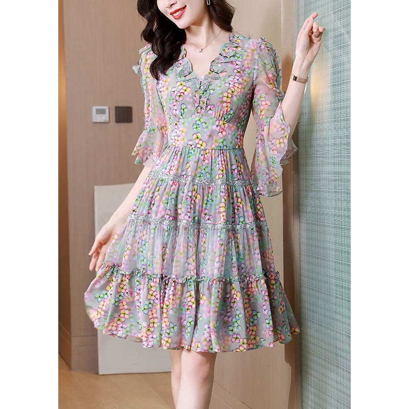 Vintage Colorblock V Neck Ruffled Patchwork Print Silk Dress Summer