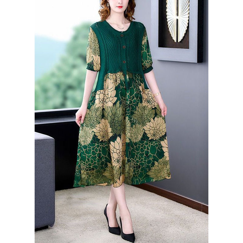 Vintage O-Neck Green Knit Patchwork Print Silk Dresses Summer
