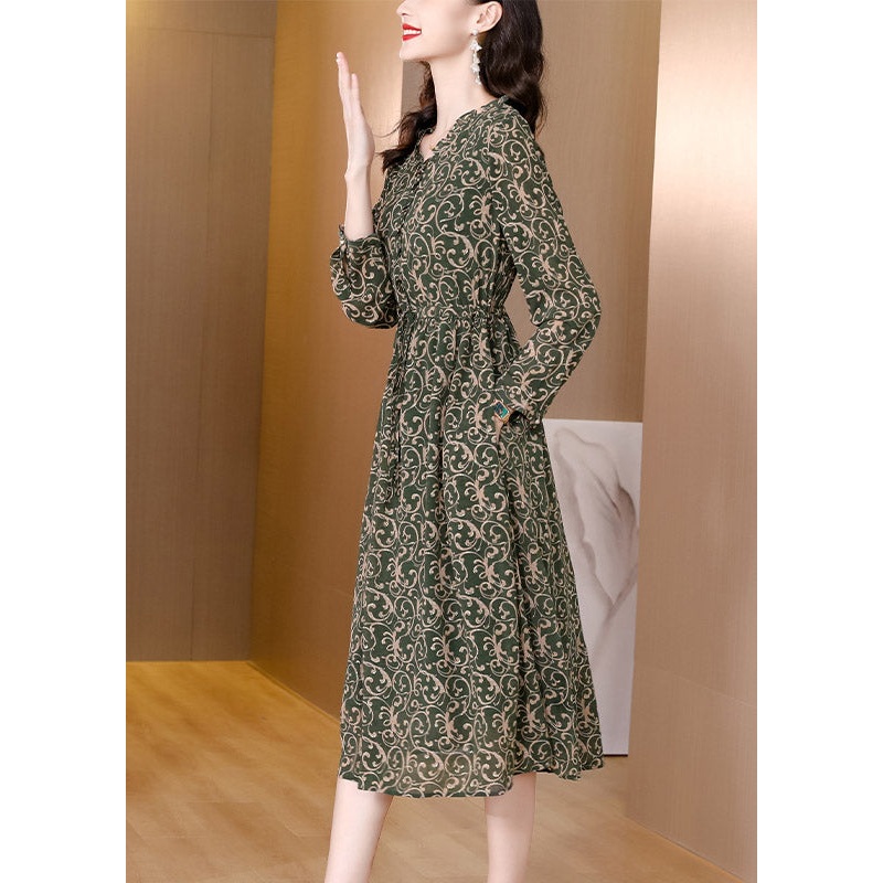 Vintage V Neck Print Drawstring Tie Waist Chiffon Maxi Dress Long Sleeve