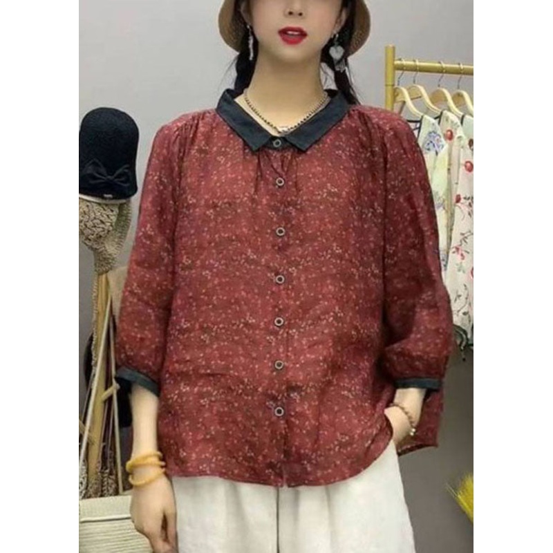 Women Brick Red Peter Pan Collar Print Linen Shirt Tops Summer
