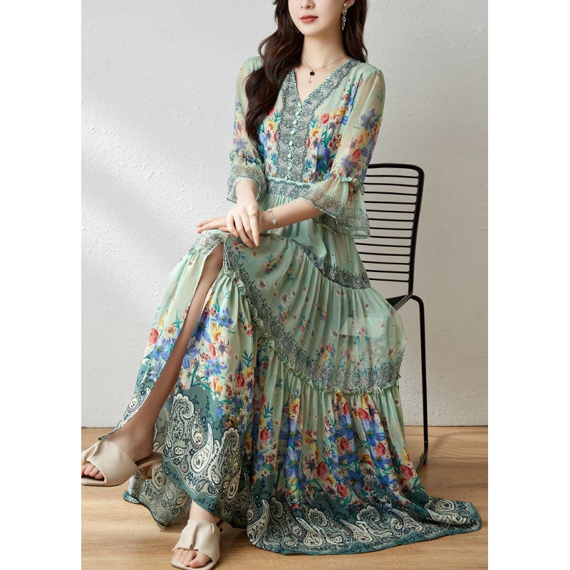 Women Light Green V Neck Wrinkled Patchwork Print Silk Dresses Summer