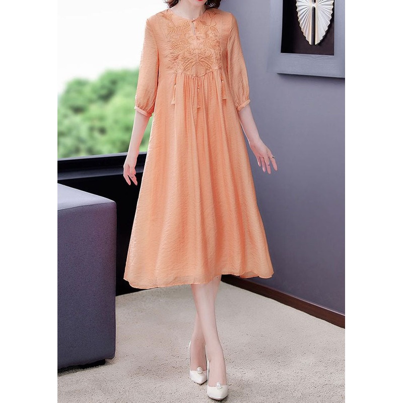 Women Orange Tasseled Embroideried Patchwork Silk Dress Half Sleeve
