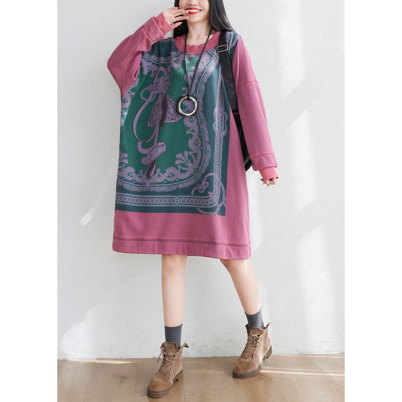 Art Pink Oversized Print Cotton Pullover Sweatshirt Dress Spring