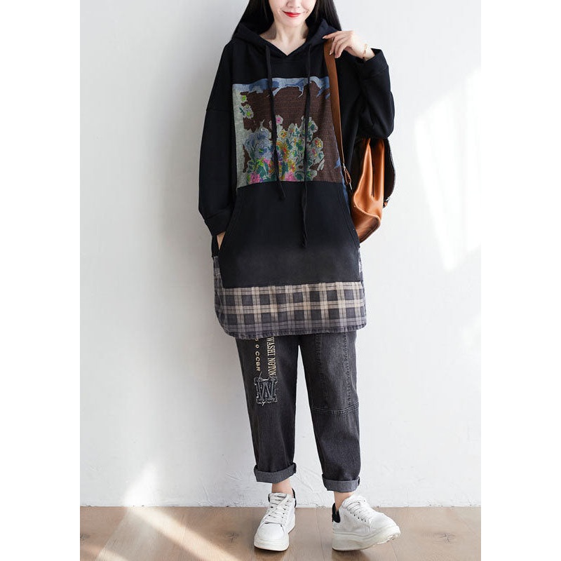 Black Patchwork Cotton Pullover Sweatshirt Dress Oversized Print Spring