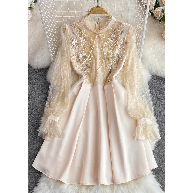 Bohemian Apricot Stand Collar Tulle Patchwork Nail Bead A Line Maxi Dresses Long Sleeve