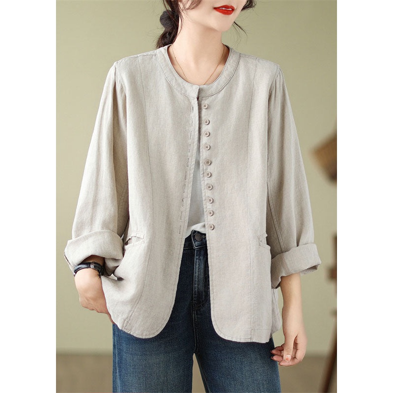 Chic Linen O-Neck Pockets Button Shirt Fall
