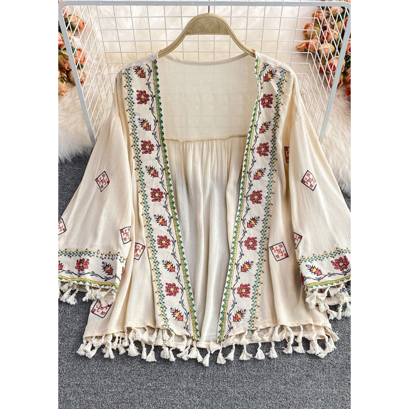 Classy Apricot V Neck Embroideried Tassel Cardigan Summer