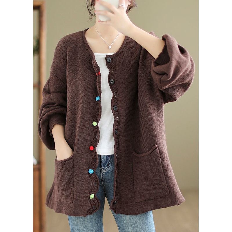 Coffee Pockets Patchwork Cozy Knit Coats O Neck Fall