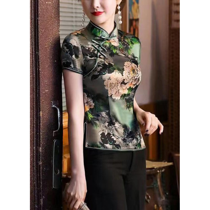 New Green Stand Collar Print Button Silk Top Summer