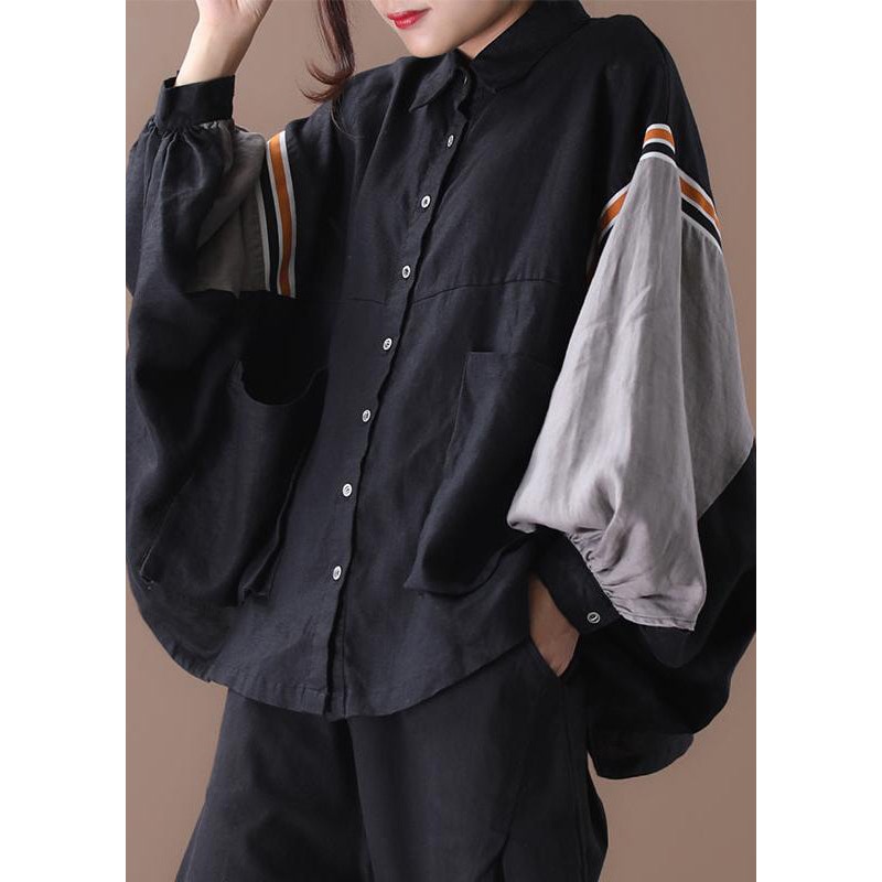 Plus Size Black Button Pockets Patchwork Cotton Shirt Batwing Sleeve