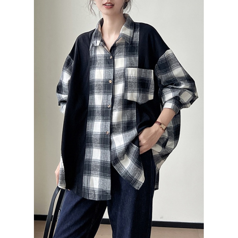 Plus Size Black Plaid Button Patchwork Cotton Shirts Fall
