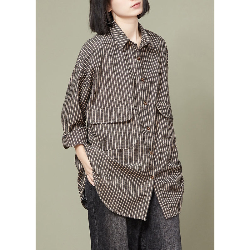 Plus Size Coffee Striped Button Cotton Blouse Tops Fall