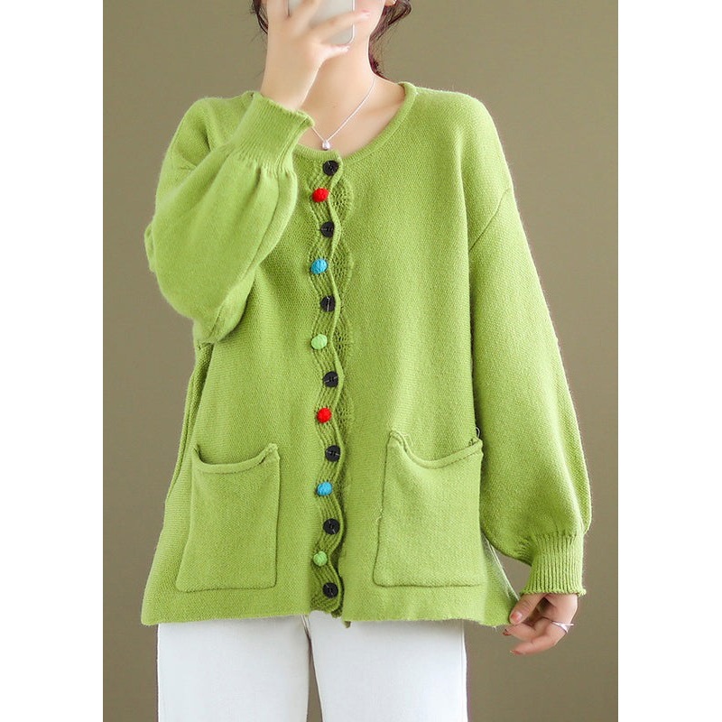 Plus Size Green Button Pockets Knit Coat Long Sleeve