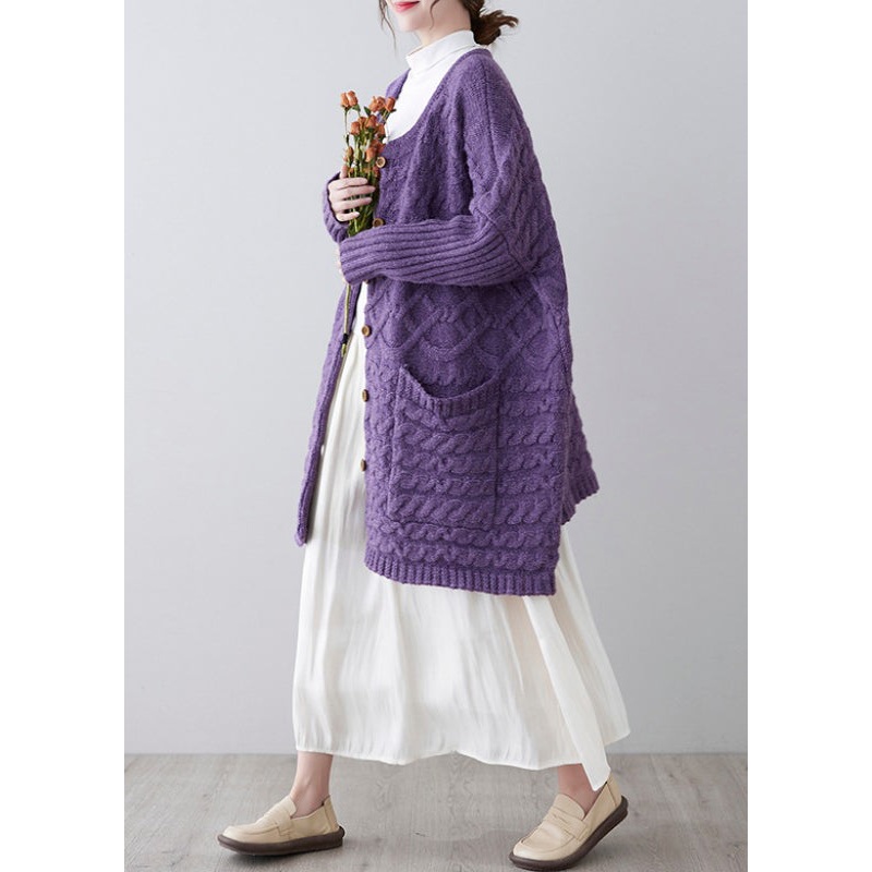 Plus Size Purple Button Pockets Cotton Knit Cardigan Fall