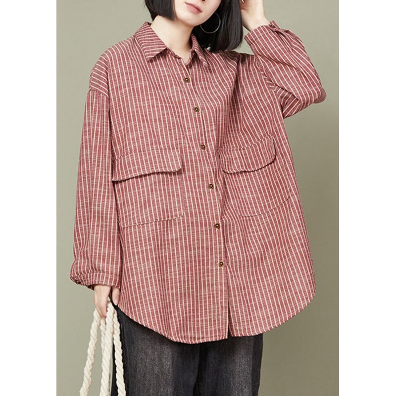 Red Striped Pockets Cotton Shirt Peter Pan Collar Long Sleeve