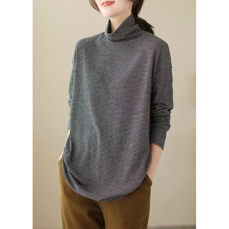 Simple Black Striped Turtleneck Thick Tops Long Sleeve