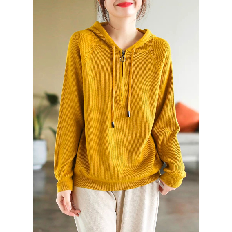 Simple Yellow Hooded Zippered Cotton Knit Top Spring