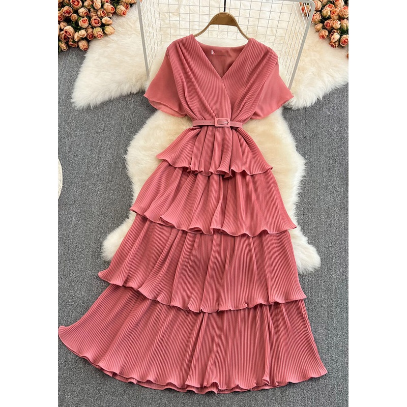 Unique Pink V Neck Sashes Maxi Layered Dress Short Sleeve