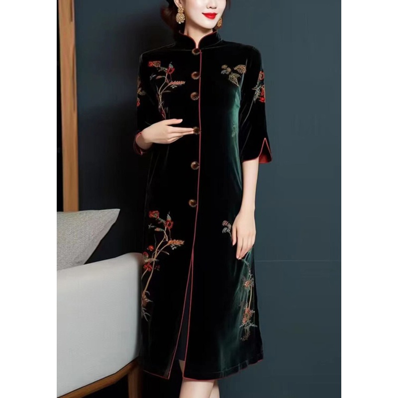 Vintage Blackish Green Embroideried Button Silk Velour Dress Long Sleeve