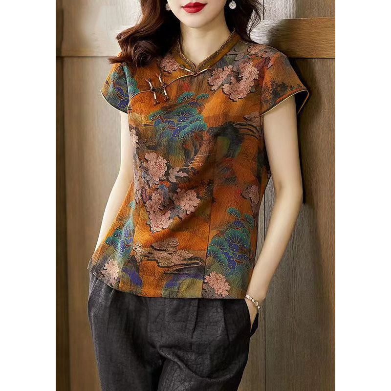 Vintage Orange Stand Collar Print Button Silk T Shirts Summer