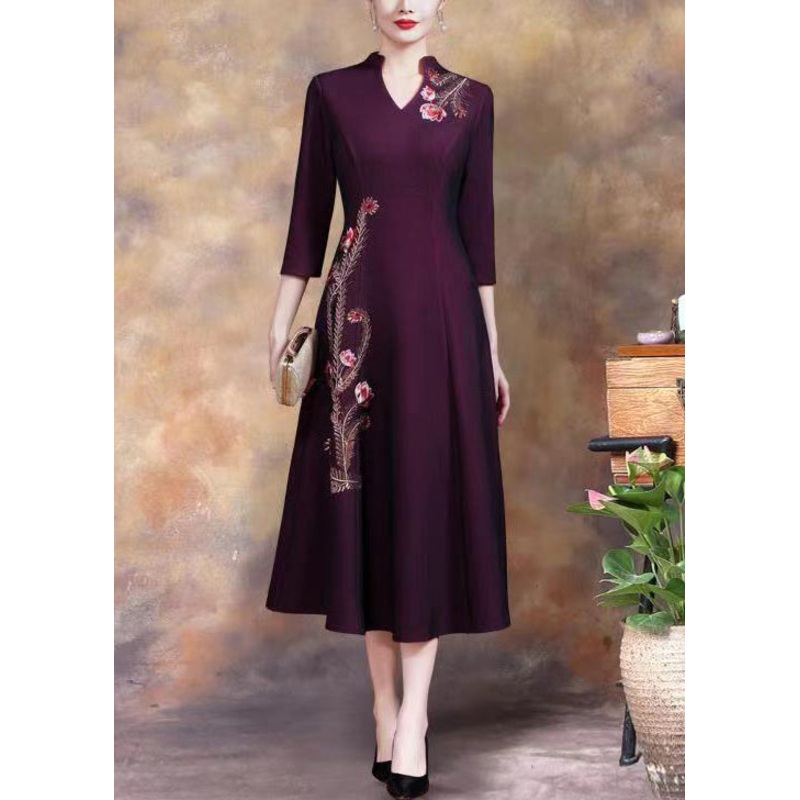 Women Purple Embroideried Sequins Cotton Long Dress Fall