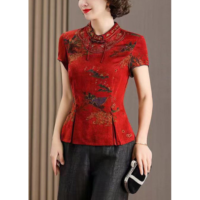 Women Red Stand Collar Print Side Cpen Silk T Shirt Summer