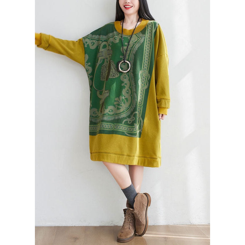 Yellow Patchwork Cotton Loose Sweatshirt Dress O-Neck Print Spring