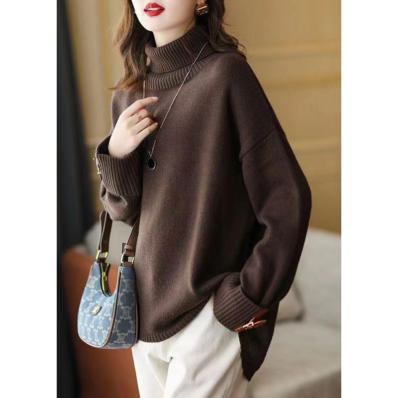 Art Chocolate Turtle Neck Low High Design Knit Sweater Winter