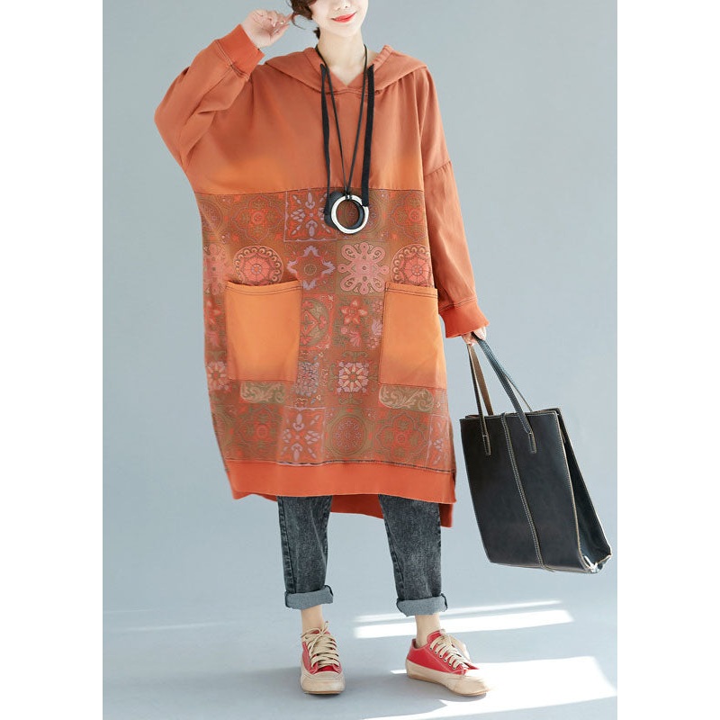 Art Orange Hooded Patchwork Cotton Dresses Spring