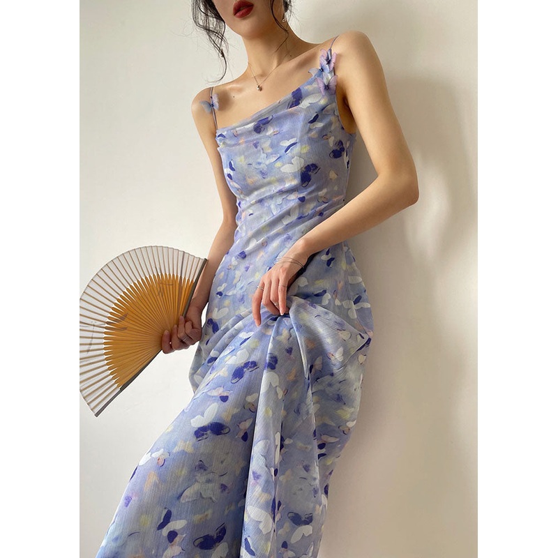 Beautiful Blue Floral Print Slim Fit Chiffon Holiday Spaghetti Strap Dress Summer