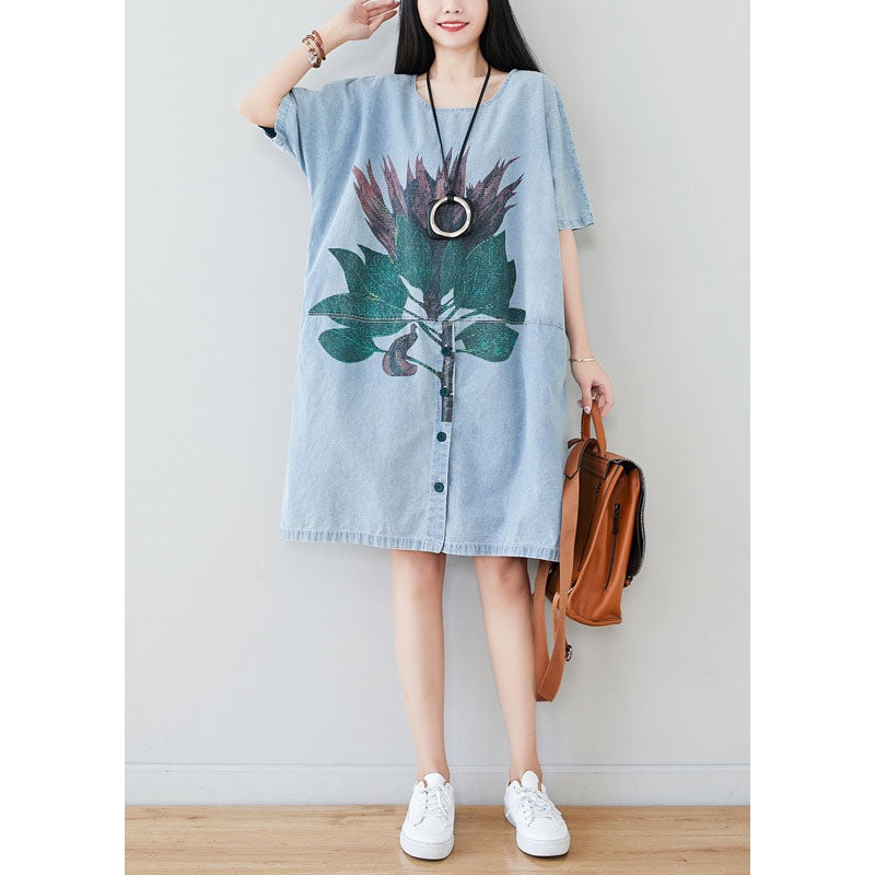 Beautiful Light Blue Oversized Patchwork Print Cotton Denim Dress Summer
