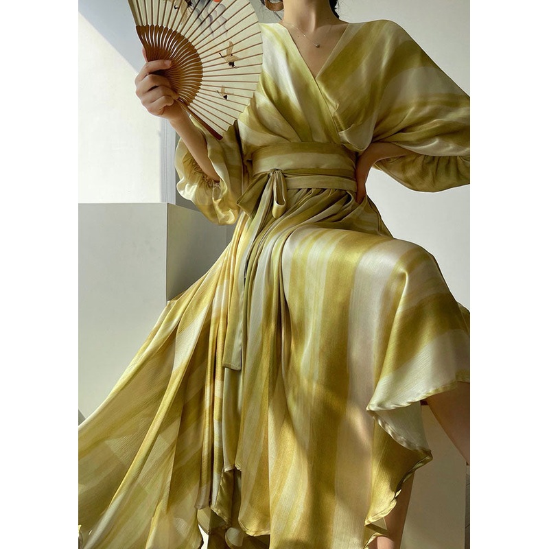 Beautiful Light Green V Neck Asymmetrical Extra Large Hem Silk Cinched Dresses Puff Sleeve