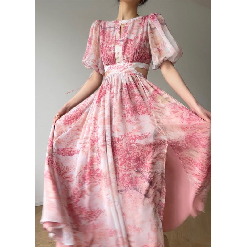 Beautiful Pink O Neck Print Side Open Silk Long Dresses Summer